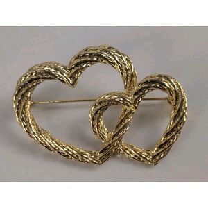 Vintage AAi Gold Tone Double Heart Brooch Love Knot Textured Rope Pin